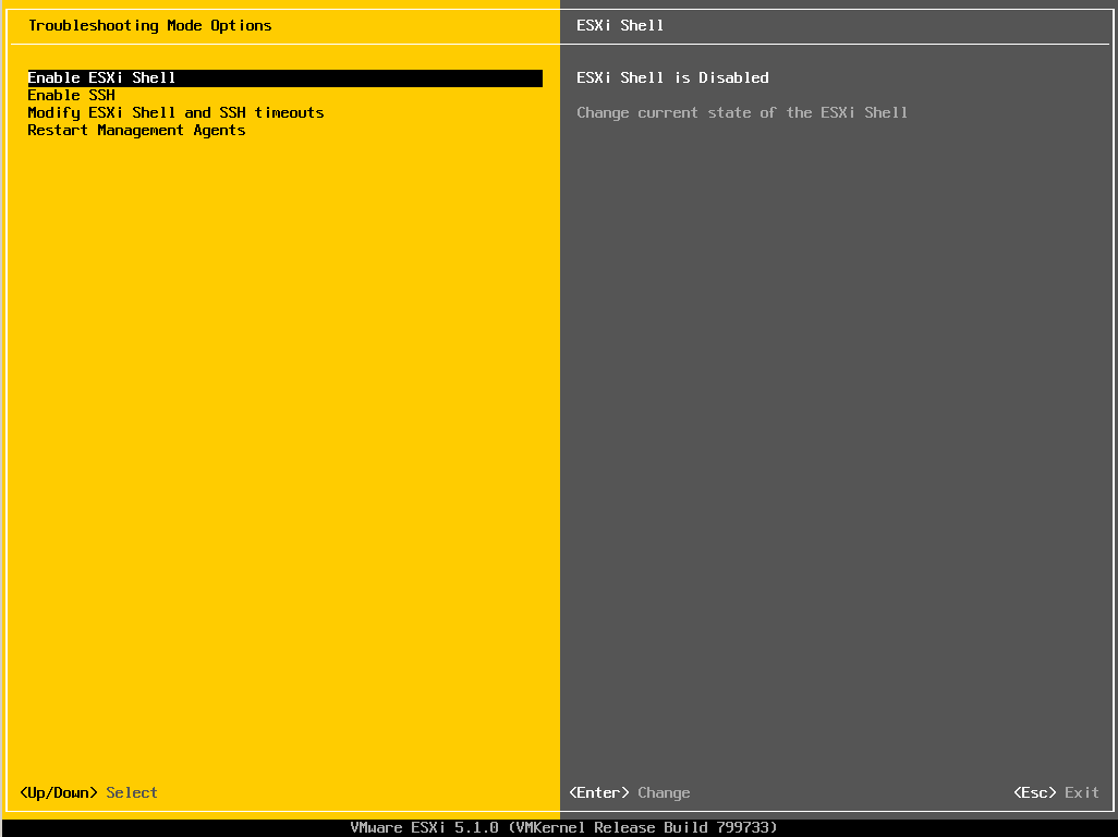 Menu konsoli ssh serwera ESXi